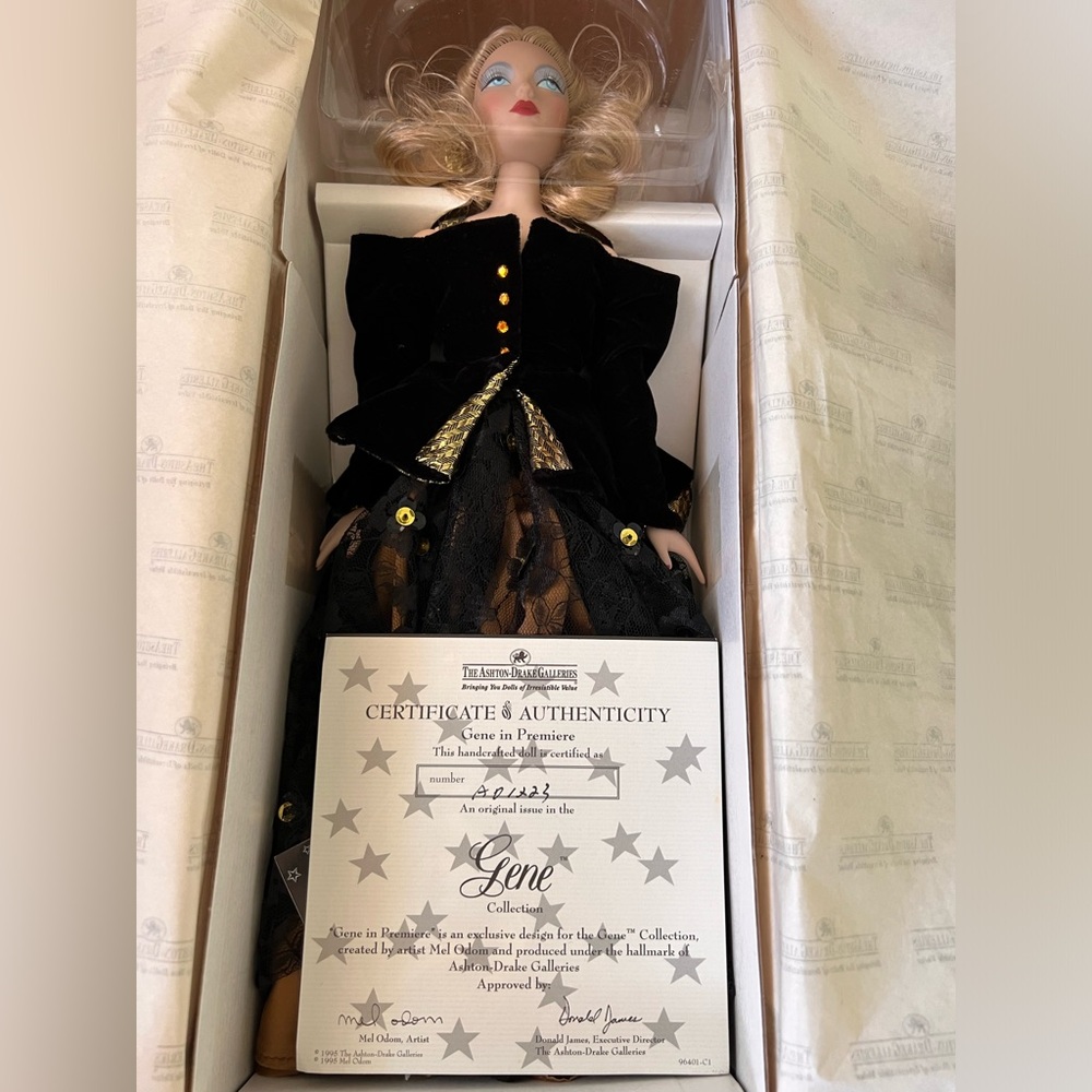 16” Ashton Drake Gene Doll “In Premiere” Black & Gold Gown W/Box